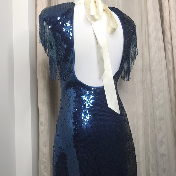 SOLD πVTG Blue Sequin Midi Fringe Open Back Dress M - Picture 8 of 16